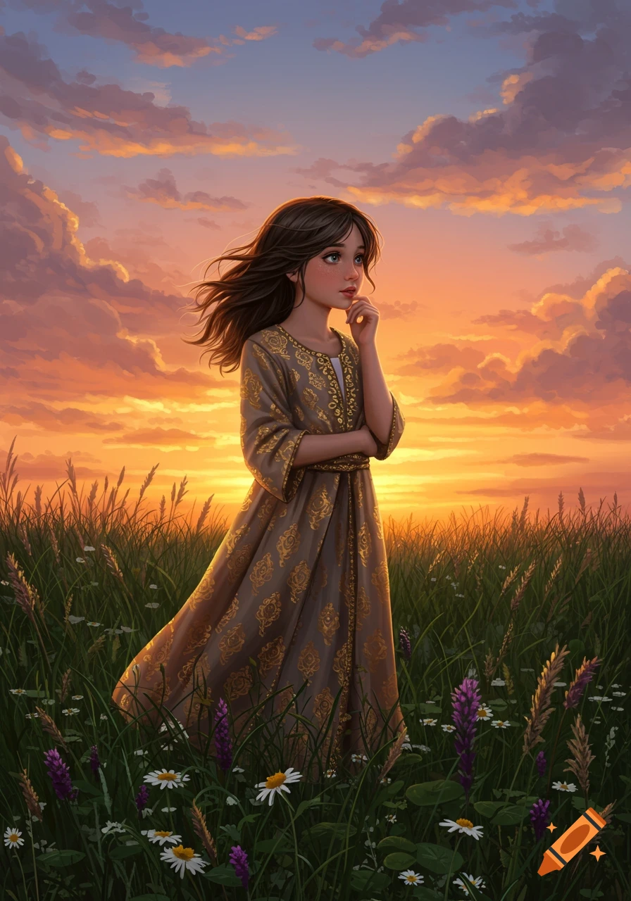 A young girl in a patterned dress stands thoughtfully in a field of wildflowers at sunset, looking up at the colorful sky, digital art.