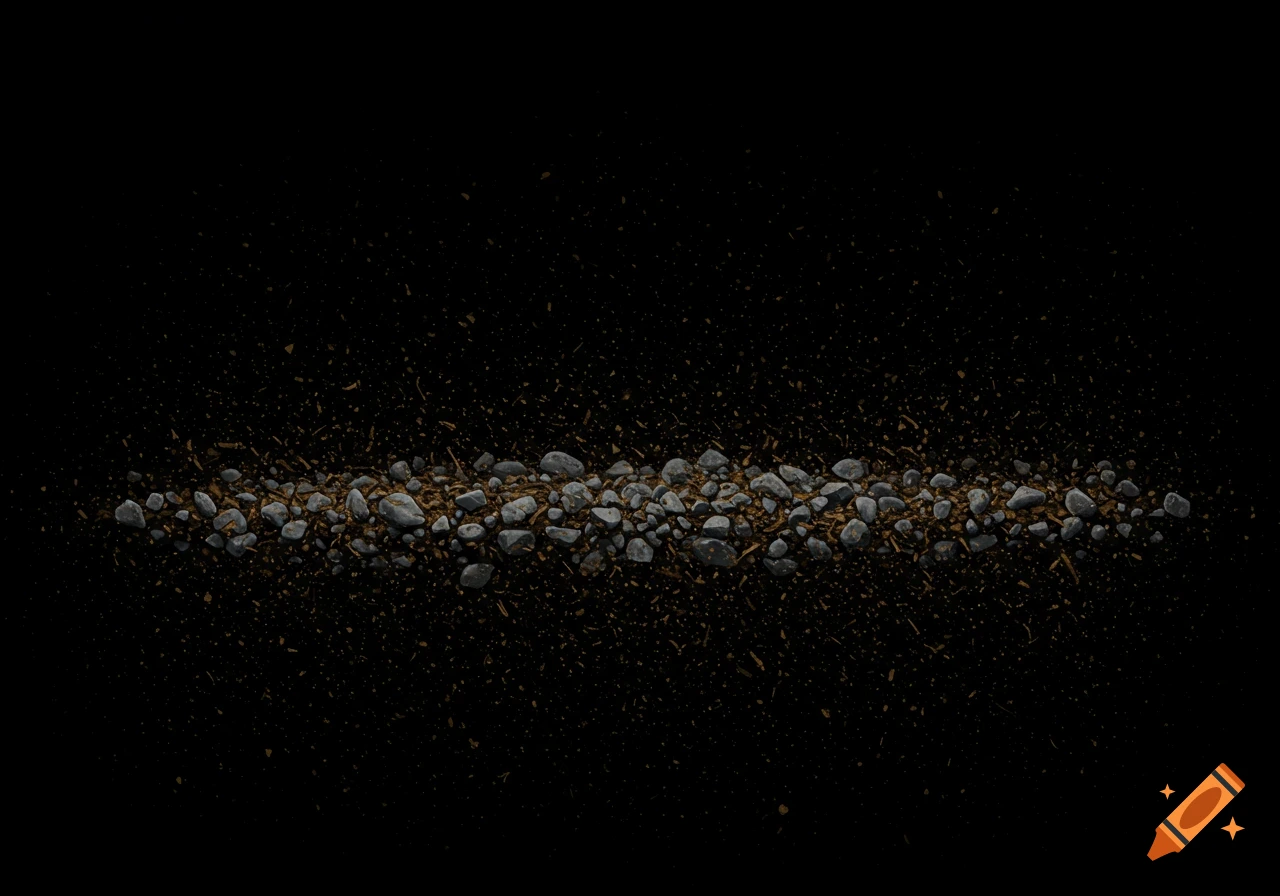 A horizontal line of gray rocks and brown dirt scattered on a solid black background.