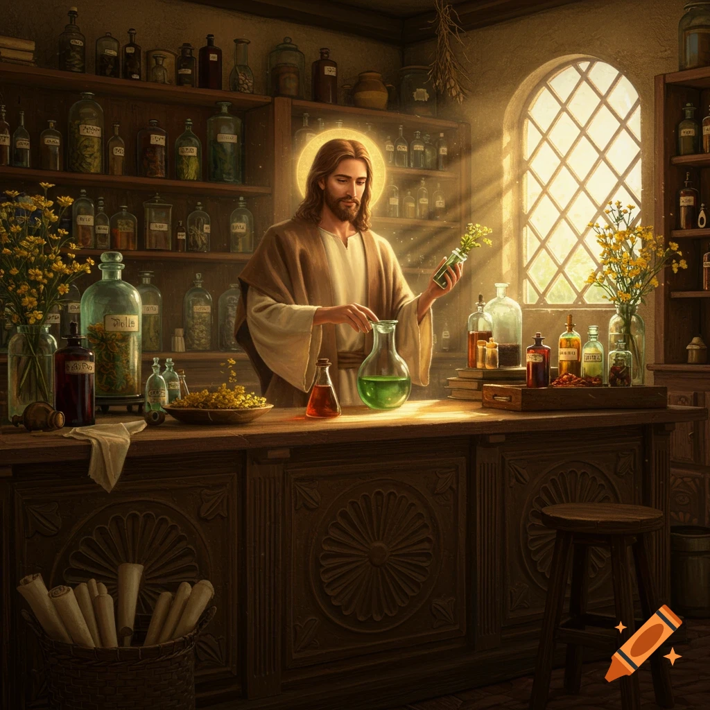 Jesus, with a halo, works as a pharmacist in a dimly lit apothecary, mixing ingredients at a wooden counter filled with bottles.
