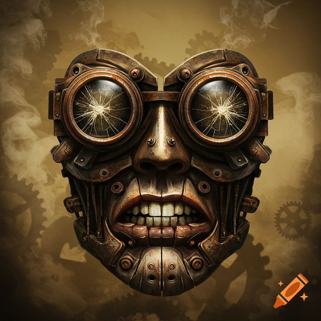 Detailed steampunk mask made of rusted metal, gears, nuts, and bolts, with large goggles and a snarling mouth showing teeth. Smoke drifts in the background.