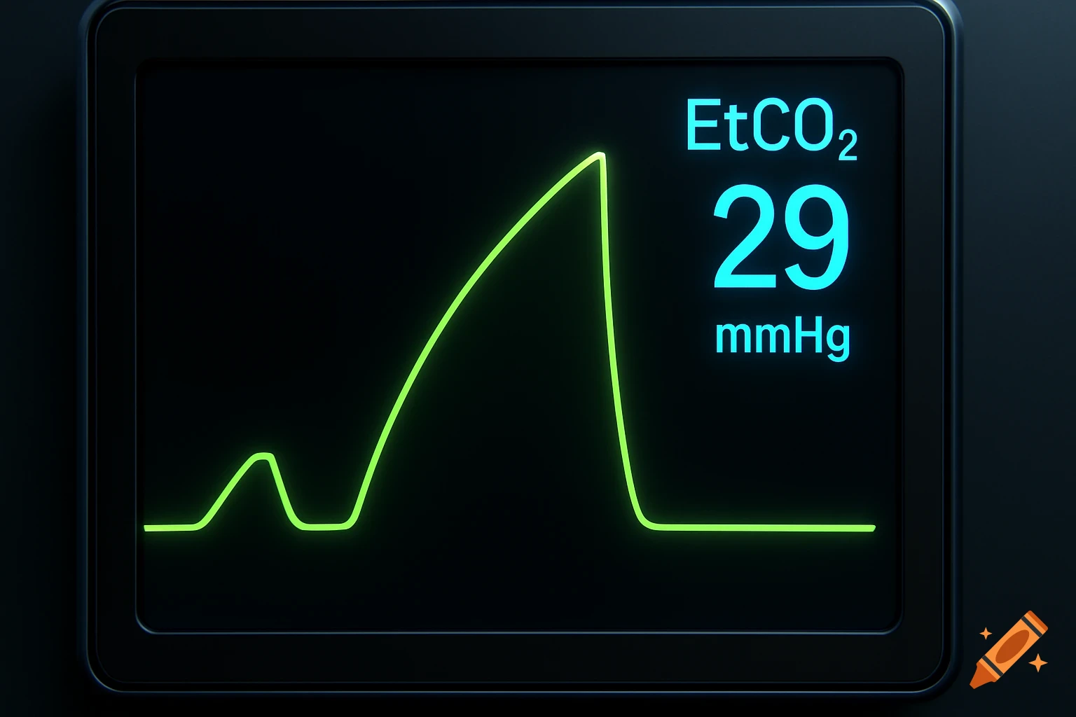 A close-up of a medical monitor displaying a capnograph with a green shark fin pattern and 'EtCO2 29 mmHg' in blue text.