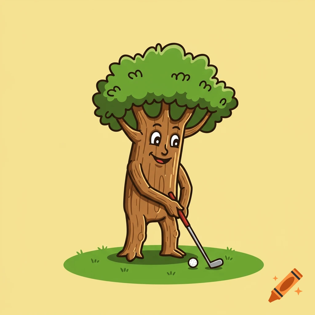 A cheerful, 2D cartoon oak tree with arms and a face stands on a patch of grass, playing golf with a club and ball.