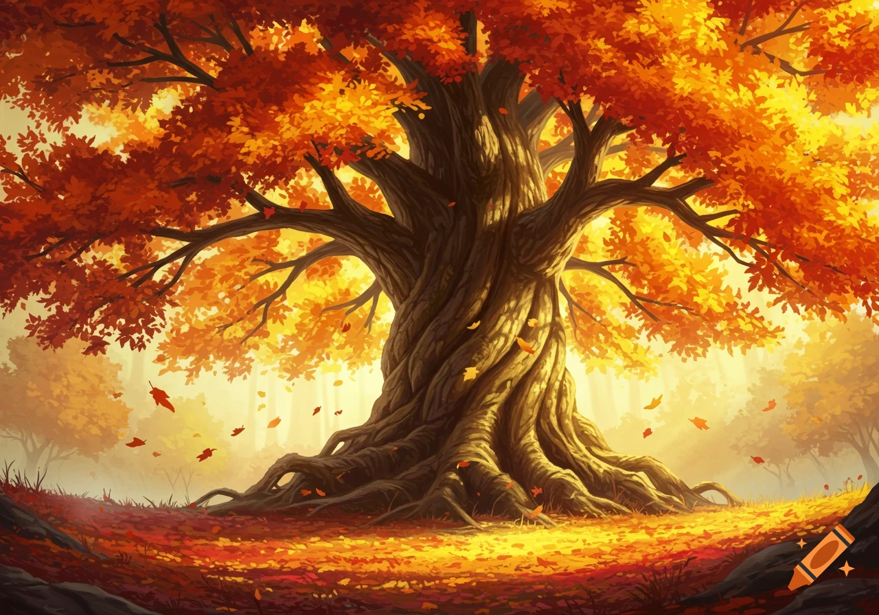 A majestic, ancient tree with gnarled roots and a full canopy of vibrant orange and red autumn leaves, scattered on the glowing forest floor in a digital art style.