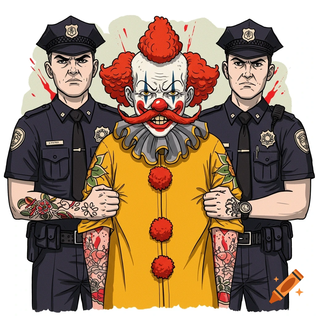 An illustration in tattoo style shows two stern police officers arresting a menacing clown with red curly hair and a mustache.