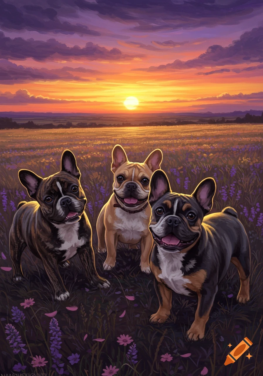 Three happy French Bulldogs in a field of purple flowers at a vibrant sunset, digital painting.