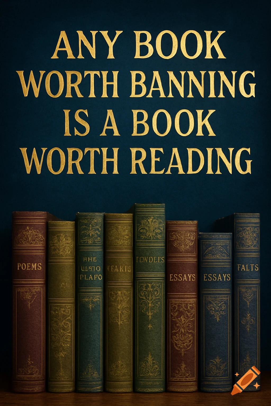 Golden text on a dark blue background reads, "ANY BOOK WORTH BANNING IS A BOOK WORTH READING" above a row of old, ornate books.