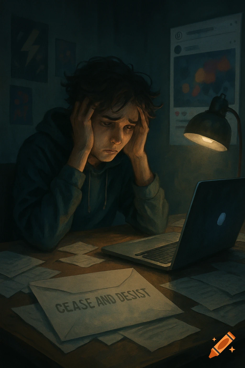 A distressed young person holds their head at a desk with a laptop and a 'CEASE AND DESIST' letter, in a dimly lit room, digital painting.