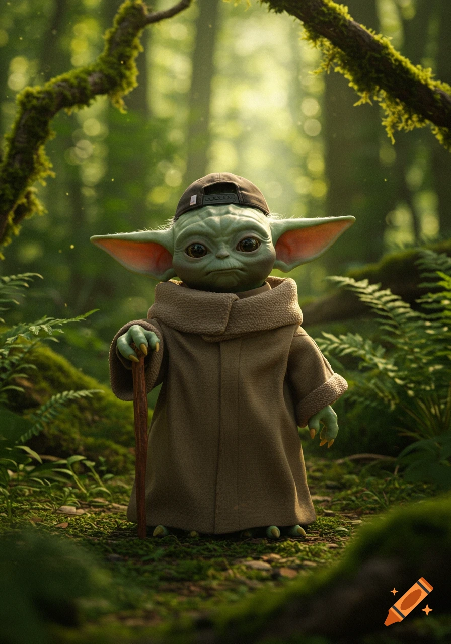 A small green alien resembling Yoda, wearing a robe and backward baseball cap, holding a wooden cane, standing in a lush forest.