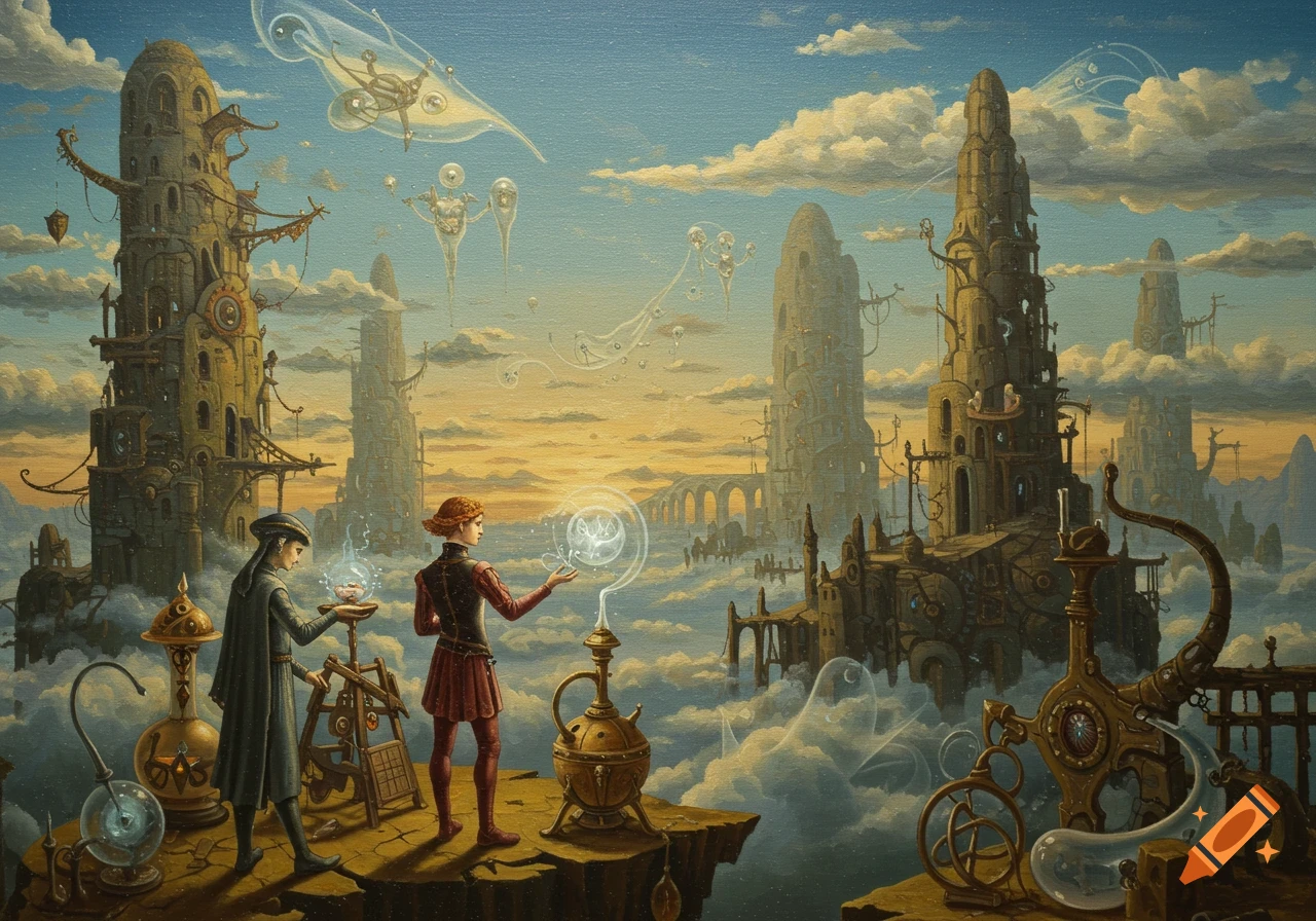 Oil painting of two alchemist-like figures on a cliff overlooking a surreal sky-city with intricate towers and flying machines at sunset.
