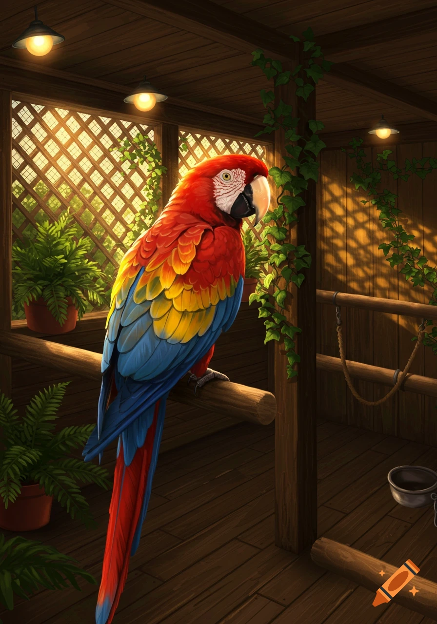 A vibrant red, blue, and yellow macaw perches on a wooden beam in a sunlit aviary, surrounded by lush green plants.