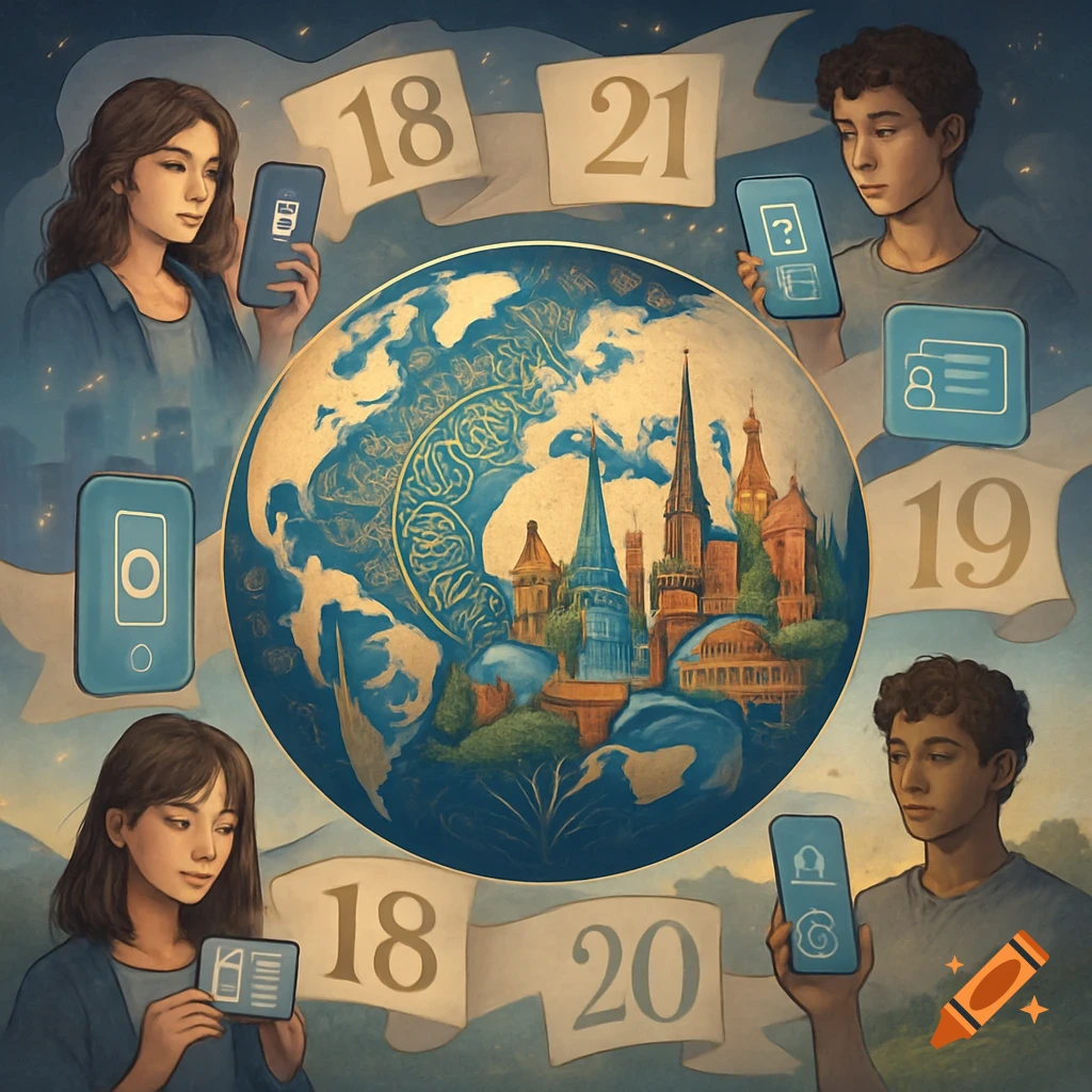 Illustration of young people looking at phones, surrounding a globe with cityscapes. Numbers 18, 19, 20, 21 appear on banners.