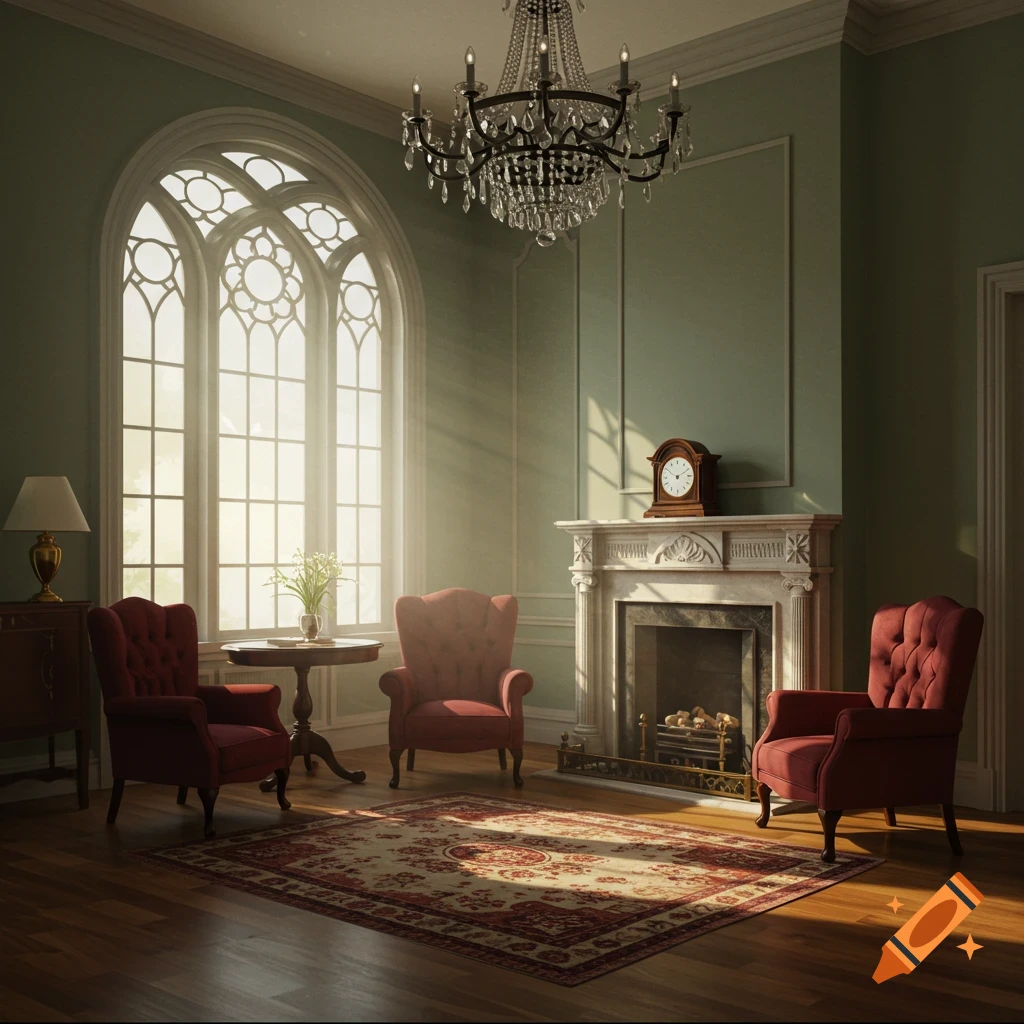 A grand classical living room with ornate red armchairs, a fireplace, and a large arched window bathed in sunlight.