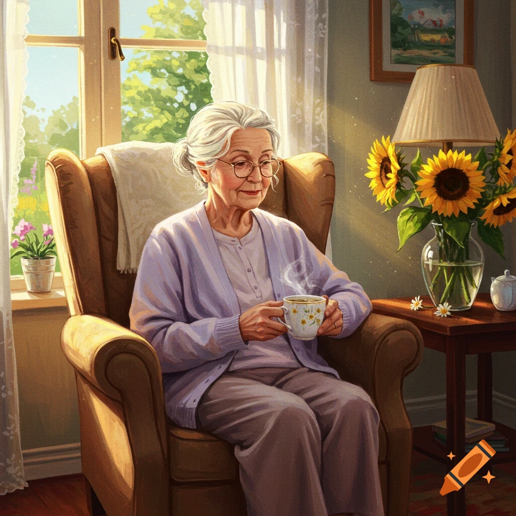 An elderly woman with gray hair and glasses sits in a brown armchair, holding a steaming cup of tea in a sunlit room with sunflowers.