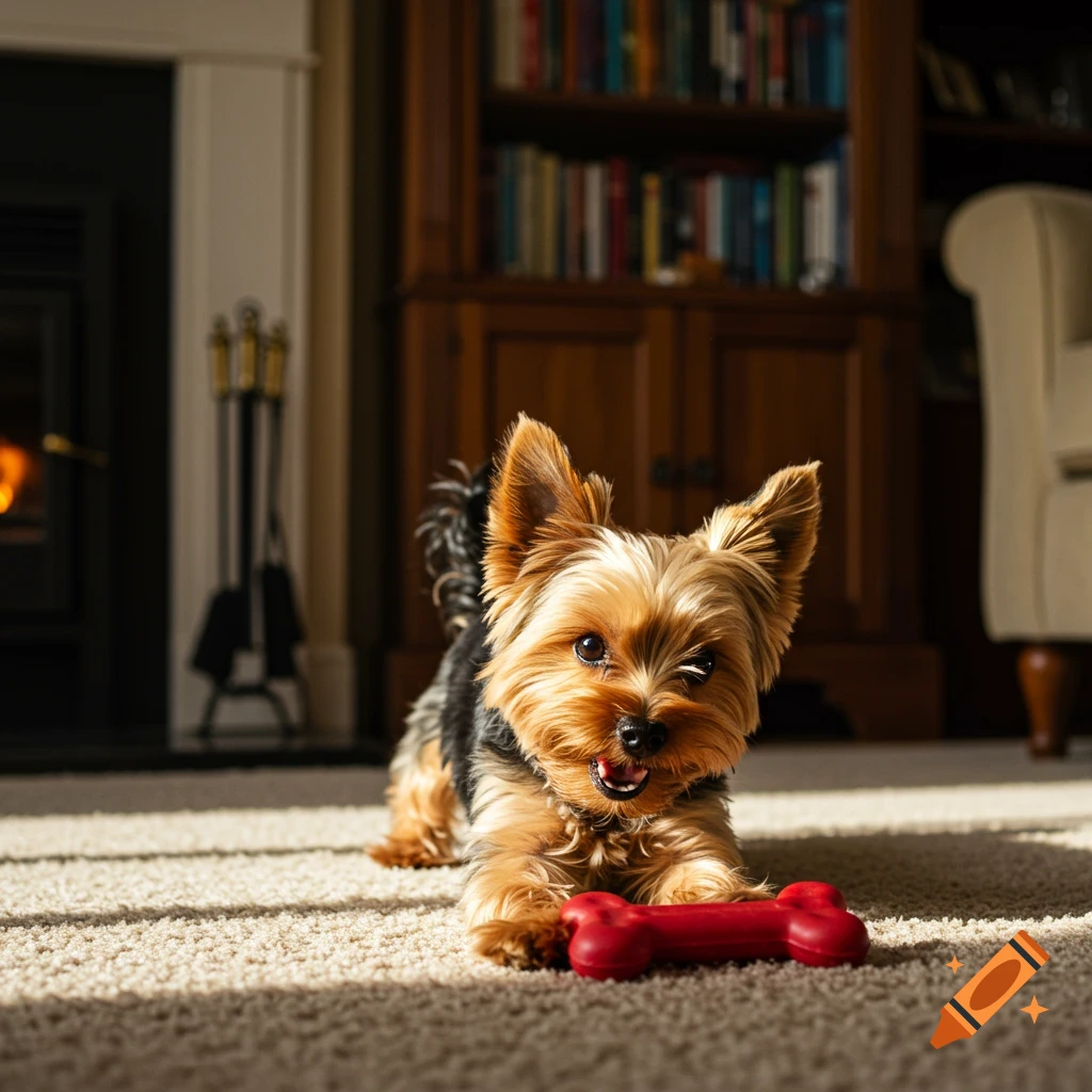 A photorealistic Yorkie dog lying on a carpet with a red bone in a cozy living room.