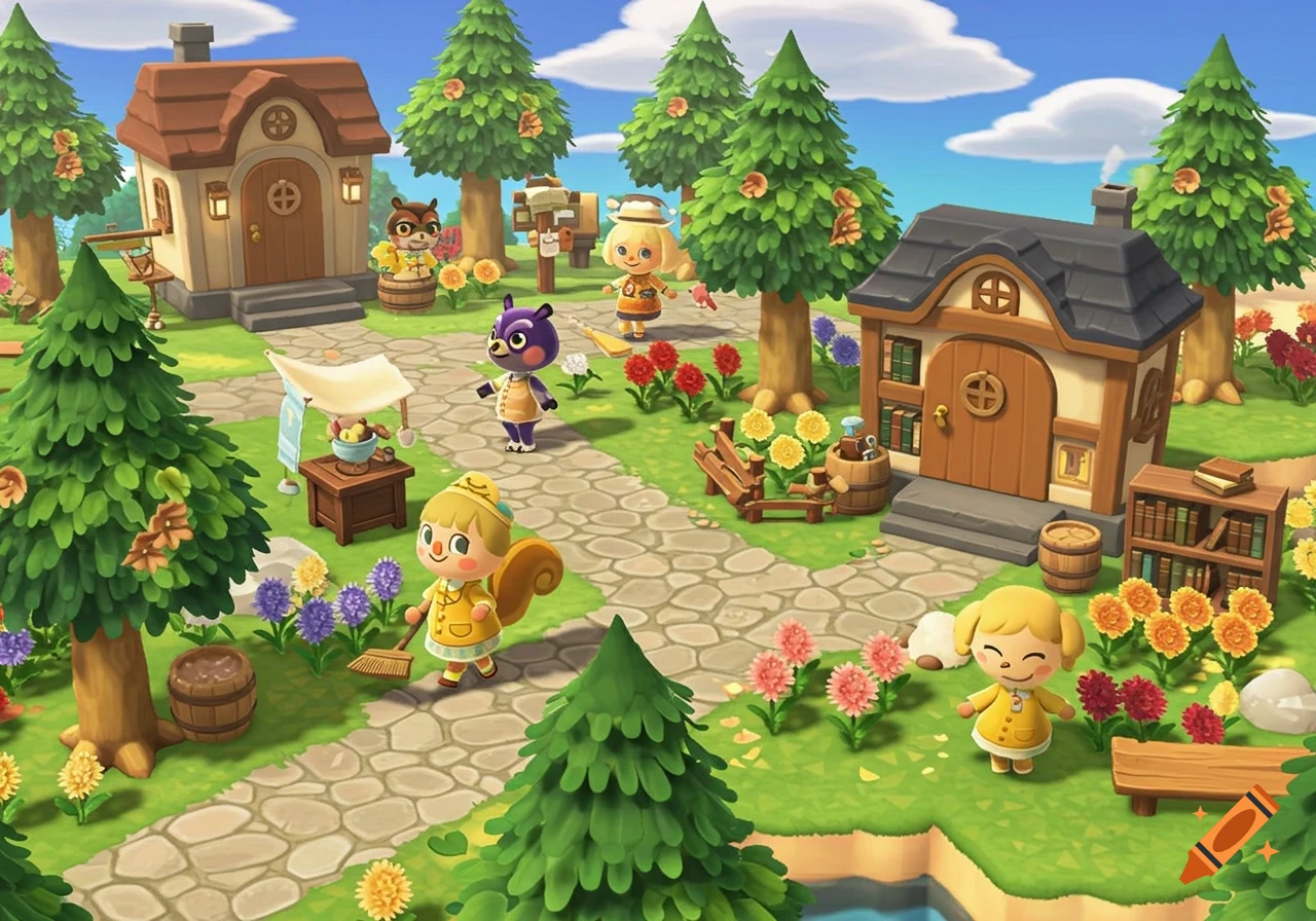 A vibrant cartoon village scene with Animal Crossing characters, houses, trees, and flowers under a blue sky.
