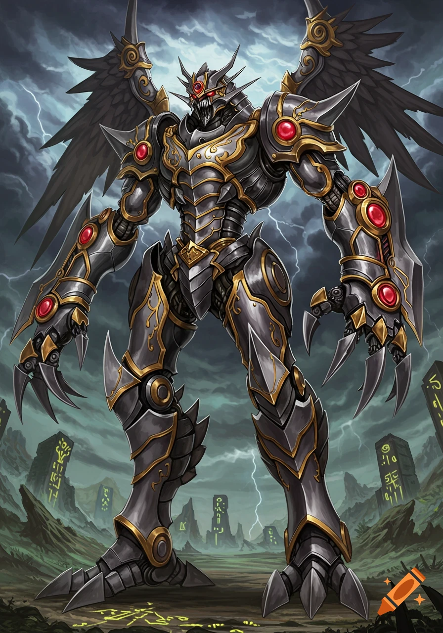 A fierce, dark mechanical monster with red eyes, sharp claws, and wings stands in a stormy, ruined landscape, Yugioh style.