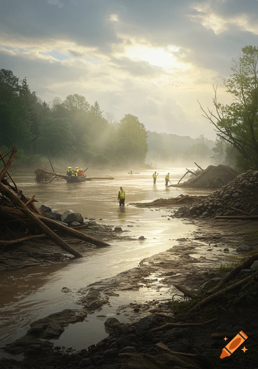 Workers in yellow vests are clearing debris from a muddy, misty river after a flood, surrounded by lush green trees under a cloudy sky.