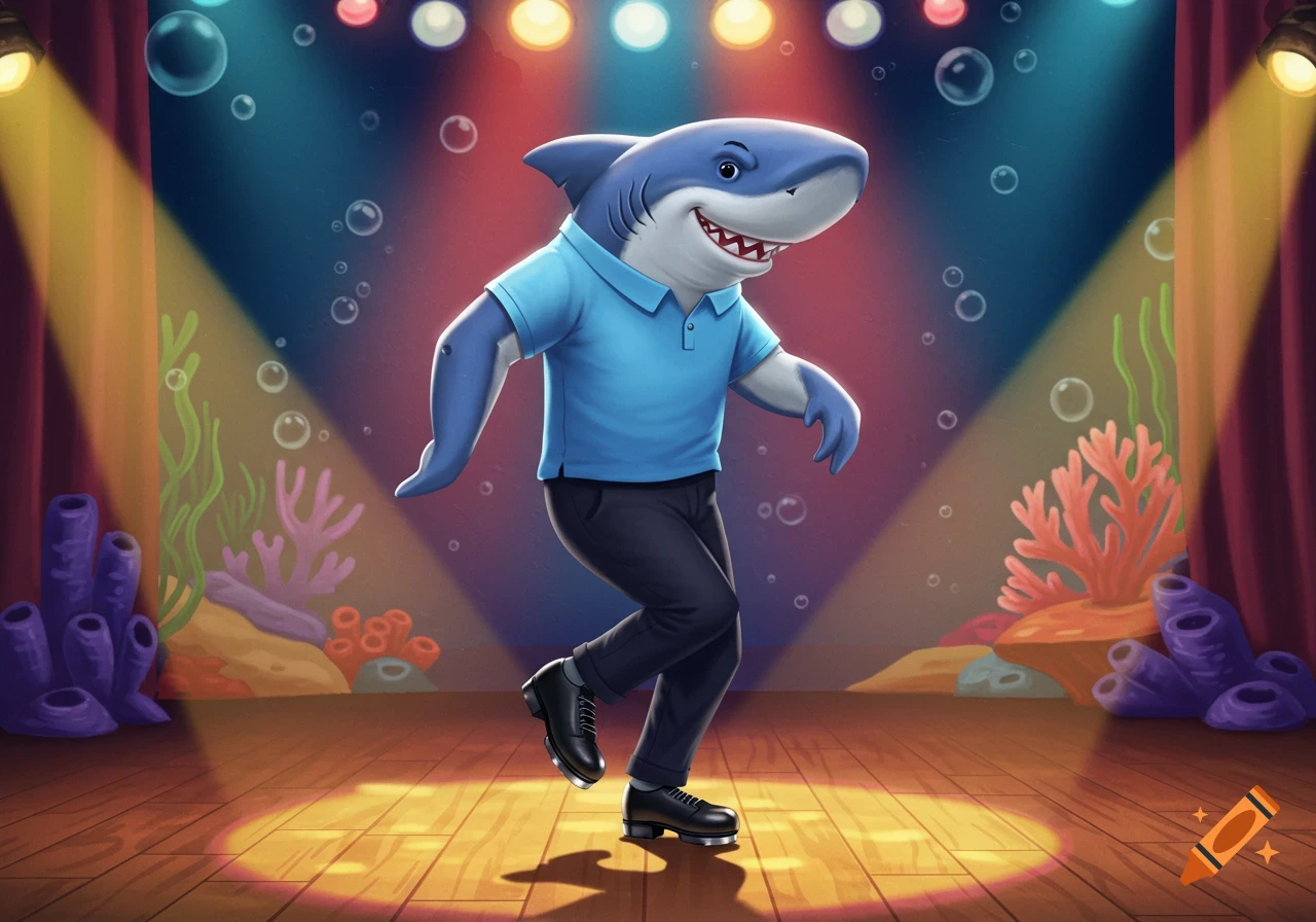 A friendly anthropomorphic cartoon shark wearing a blue polo shirt, black pants, and tap shoes, tap dancing on a spotlighted stage with an underwater-themed backdrop.