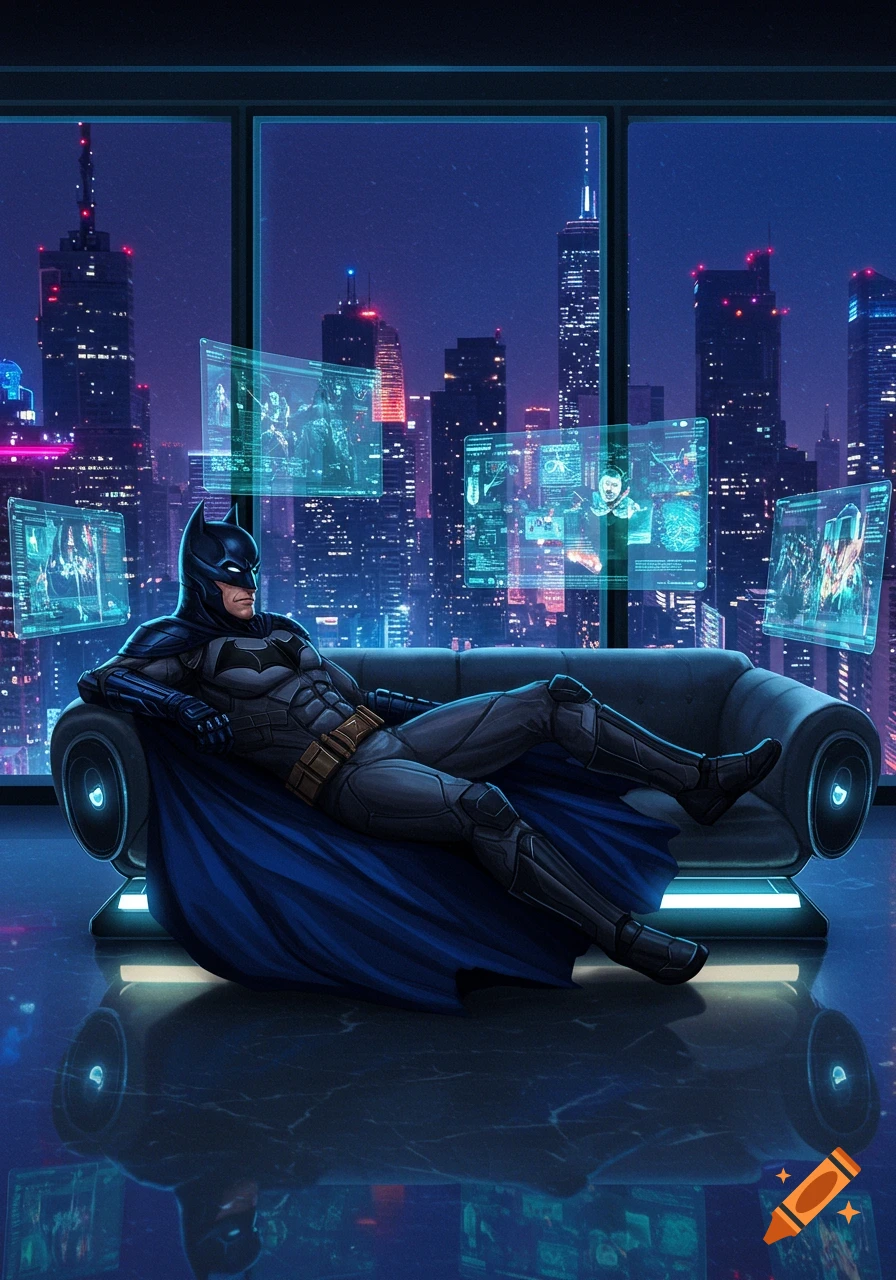 Batman lounges on a sleek couch, surrounded by holographic screens displaying data, overlooking a cyberpunk city at night.