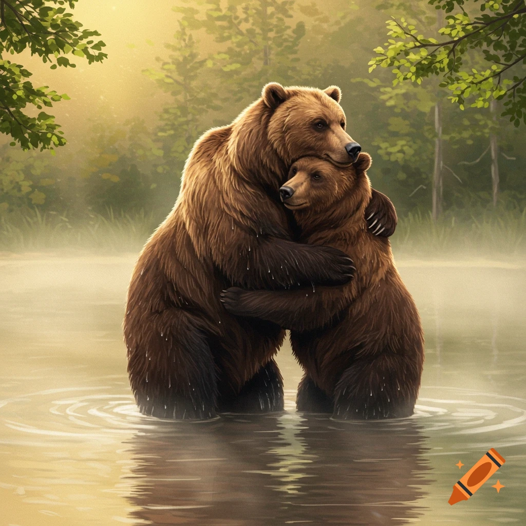 Two brown bears embrace in a misty forest lake, illuminated by sunlight filtering through trees.