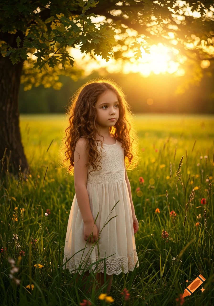 A young girl with long curly hair in a cream dress stands in a sunlit grassy field with a tree at sunset, photorealistic.