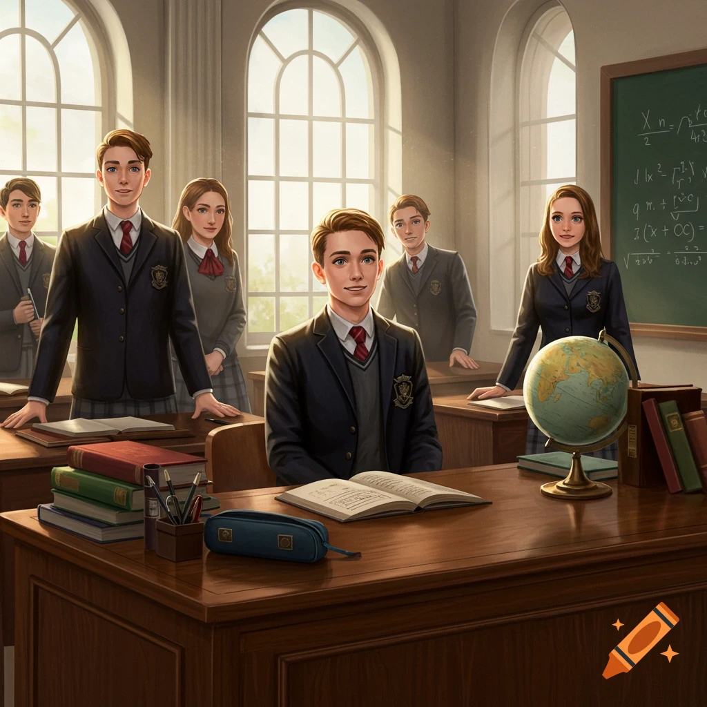 High school students in uniforms in a sunlit classroom with arched windows and a blackboard. Realistic illustration.