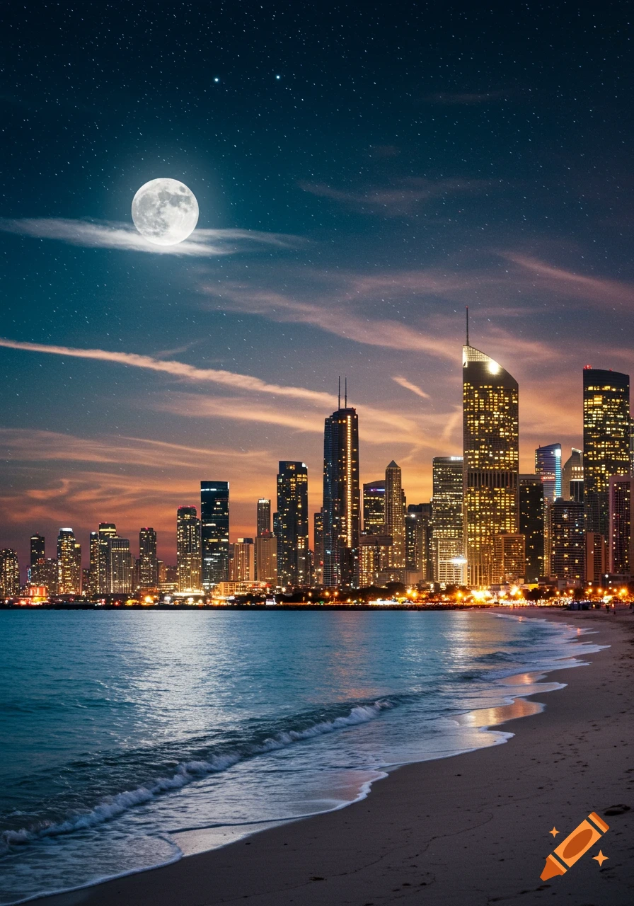 A vibrant city skyline at night with towering illuminated buildings, a full moon, a starry sky, and a sandy beach with gentle waves.