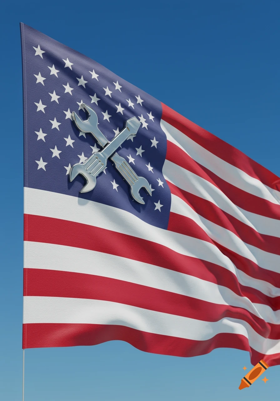 American flag with wrenches and screwdrivers replacing the stars, waving against a clear blue sky.