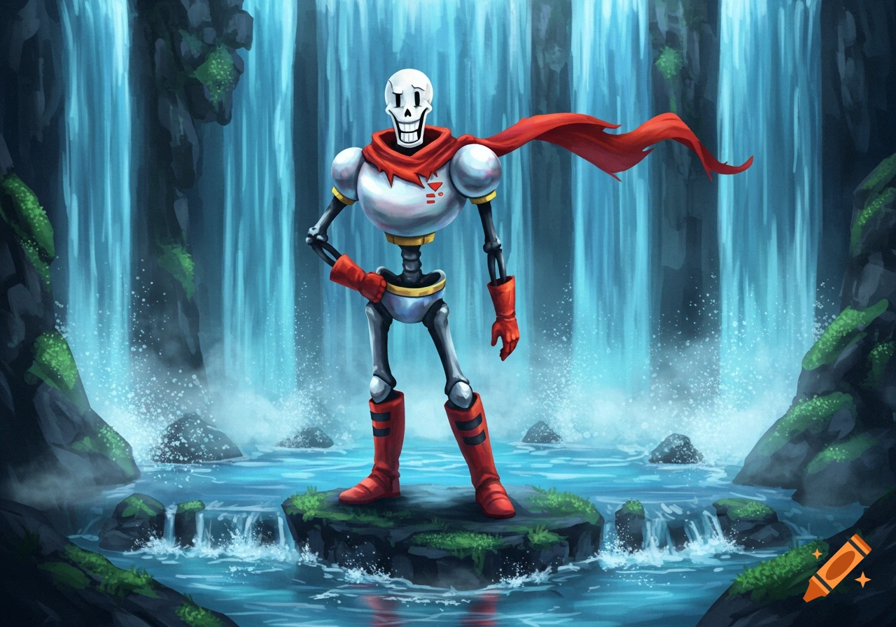 Papyrus the skeleton from Undertale stands on a rock in a river with a large waterfall behind him, in a stylized illustration.