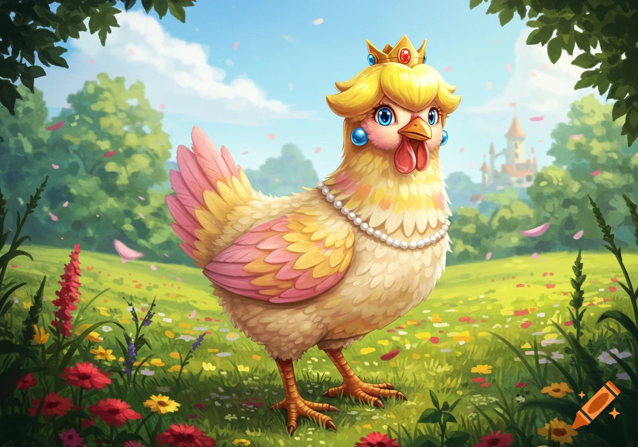 Cartoon Princess Peach chicken hybrid with a crown and pearl necklace stands in a vibrant flower meadow with a castle in the distance.