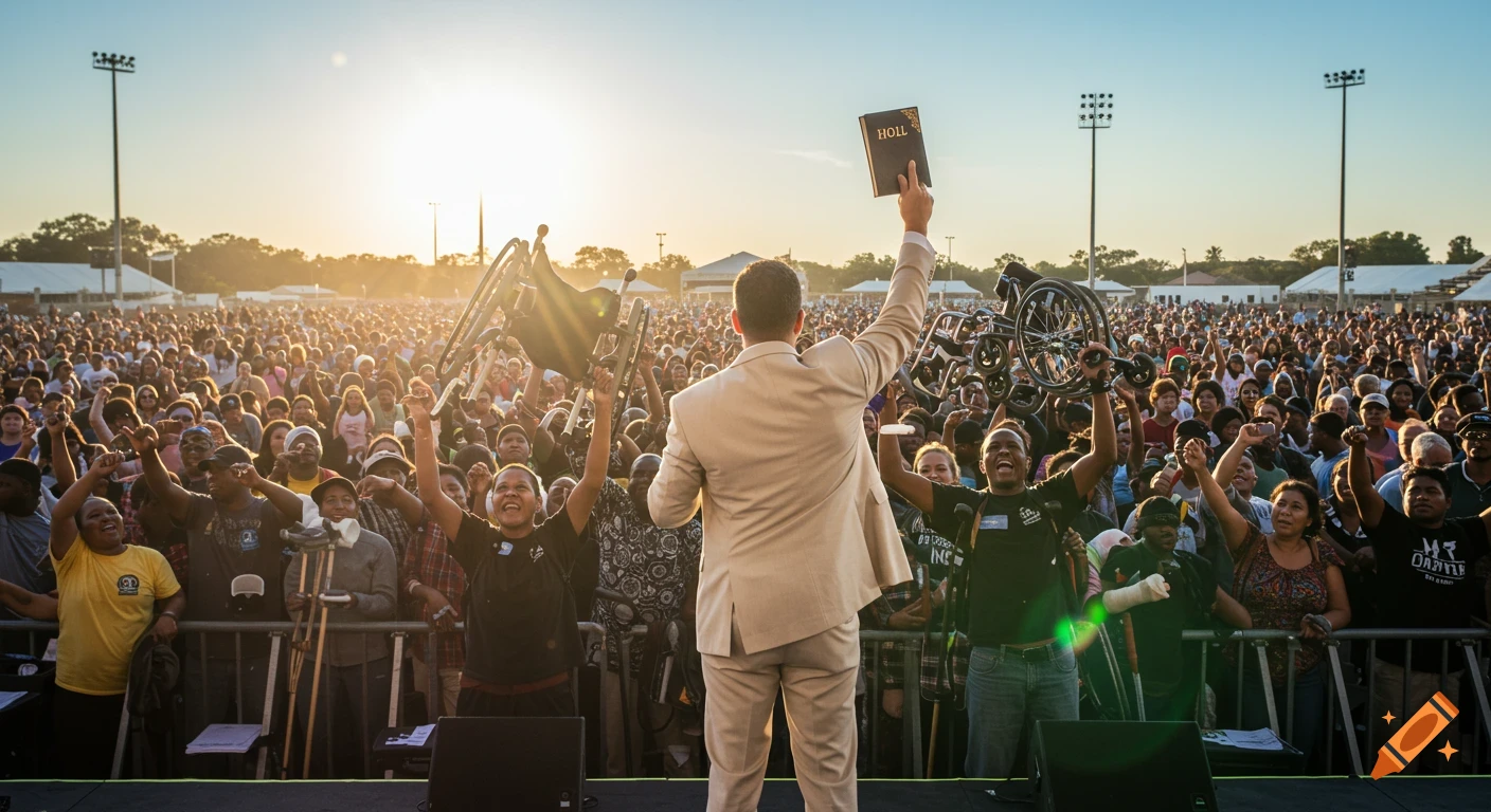A preacher holds a book above a jubilant, diverse crowd raising wheelchairs and crutches at an outdoor religious healing event at sunset.