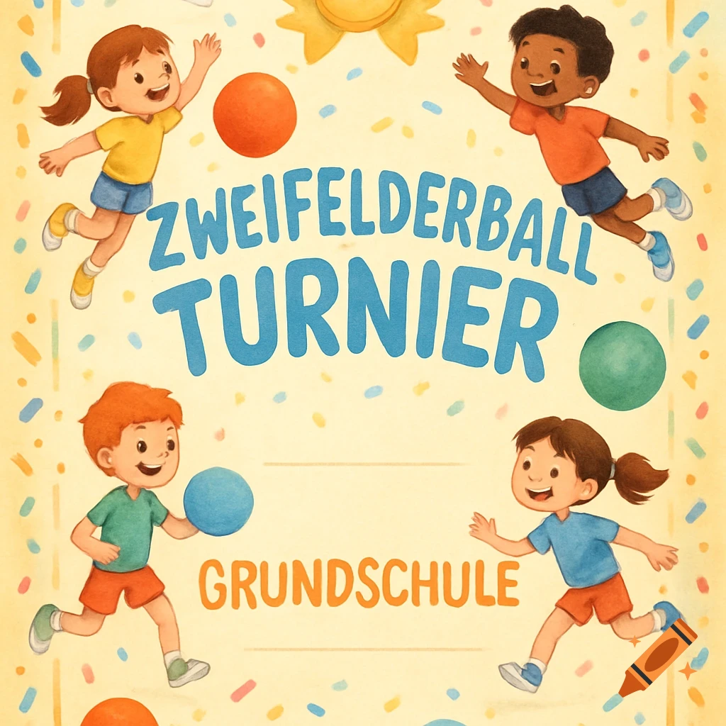 Children's illustration of four diverse kids running with colorful balls on a yellow certificate for a school sports tournament.