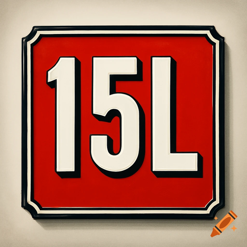A close-up of a red rectangular sign with white text '15L' and a black and white border.