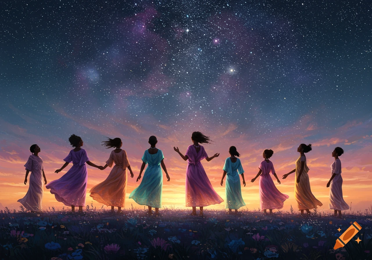 A line of women in flowing colorful dresses stand in a wildflower field at sunset, looking up at a starry night sky.