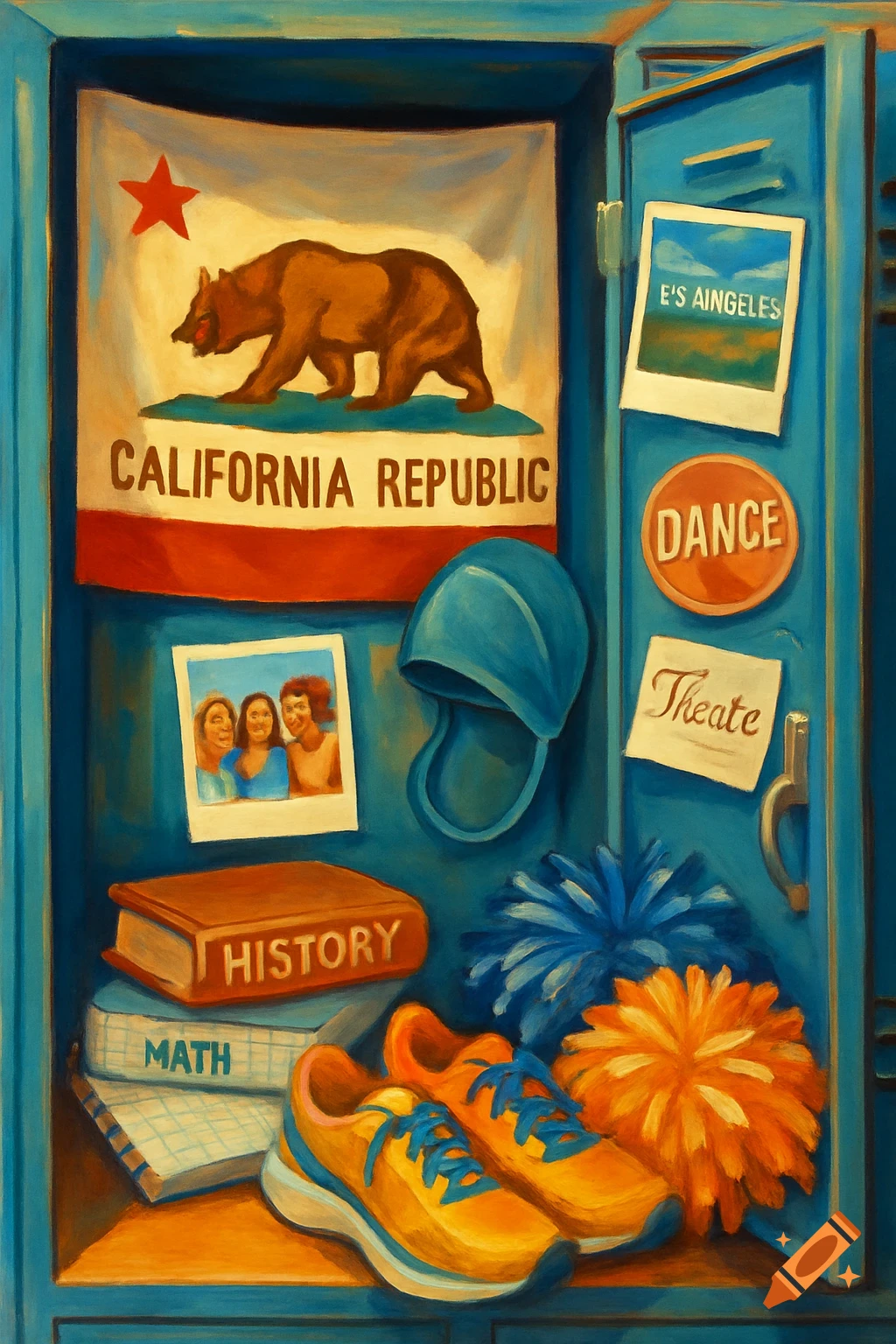 A colorful illustration of an open school locker filled with items: a California Republic flag, books titled 'HISTORY' and 'MATH', yellow and blue running shoes, blue and orange pom-poms, a blue swimming cap, a 'DANCE' sticker, a note saying 'Theate', a photo of friends, and a postcard with garbled text.