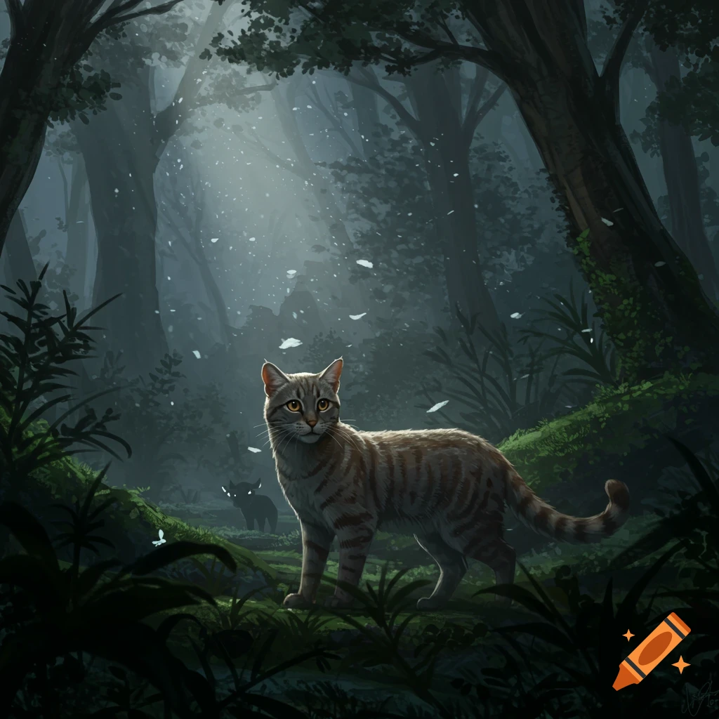 A tabby cat stands in a misty, sunlit dark forest, looking forward, with a shadowy creature in the background.