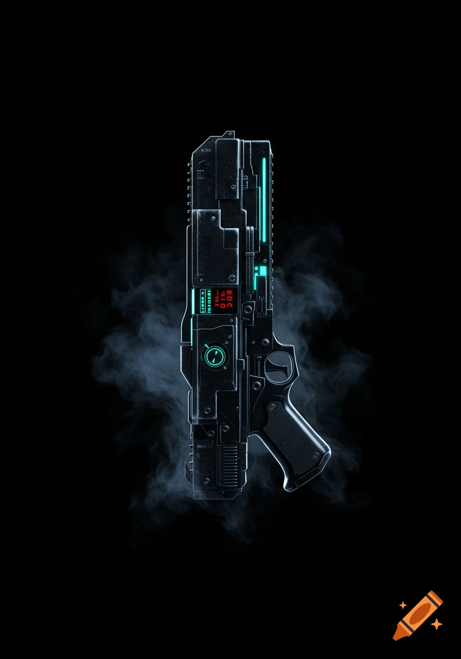 A detailed, dark futuristic weapon with glowing cyan and red lights, emitting smoke against a black background.