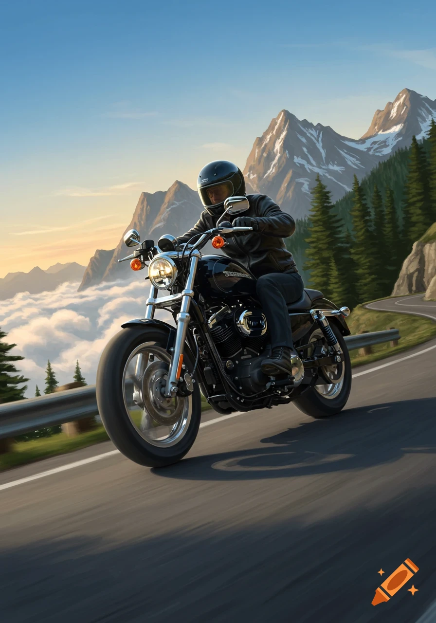 A motorcyclist in a helmet and leather jacket rides a black Harley Sportster on a winding mountain road above clouds at sunset.