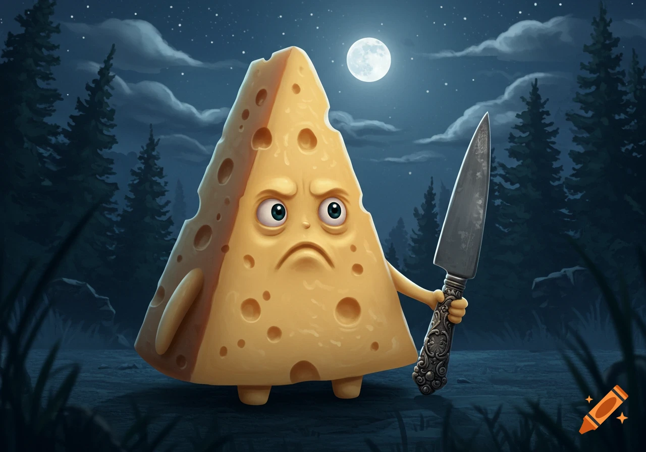 A grim-faced cartoon cheese character with big eyes holds a knife in a dark forest under a full moon, digital illustration.