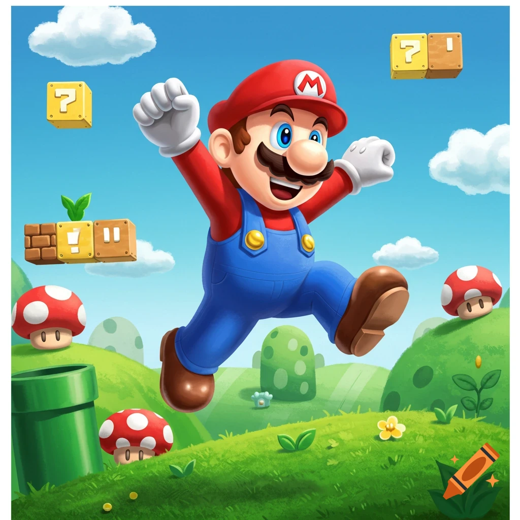 A cartoon-style image of Mario jumping in a vibrant green landscape with blue skies, clouds, mushrooms, and floating question mark blocks.