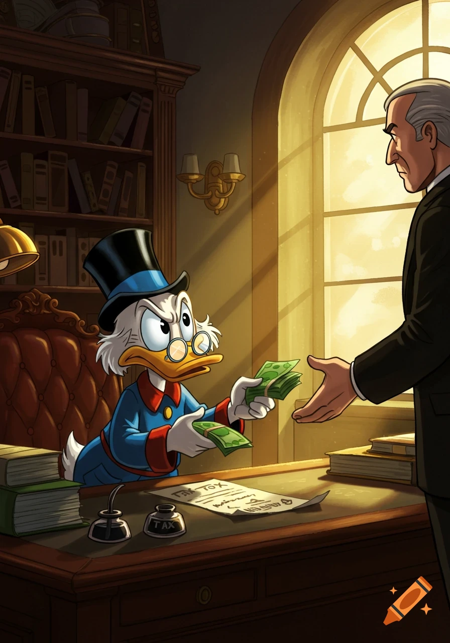 Scrooge McDuck in a top hat and blue coat hands money to a stern tax collector in a sunlit office.