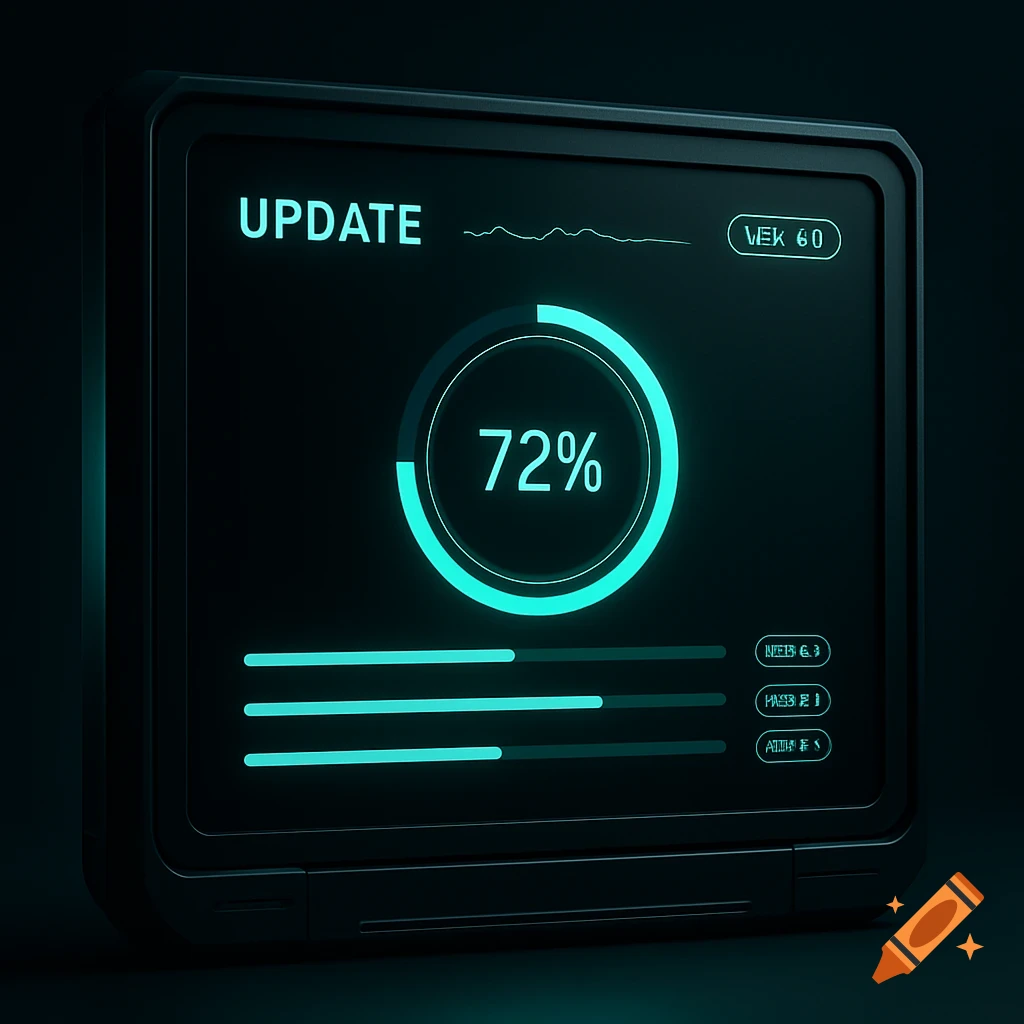 A close-up of a futuristic black screen displaying an update interface with a 72% progress circle, a progress bar, and other cyber elements in a neon mint green glow.