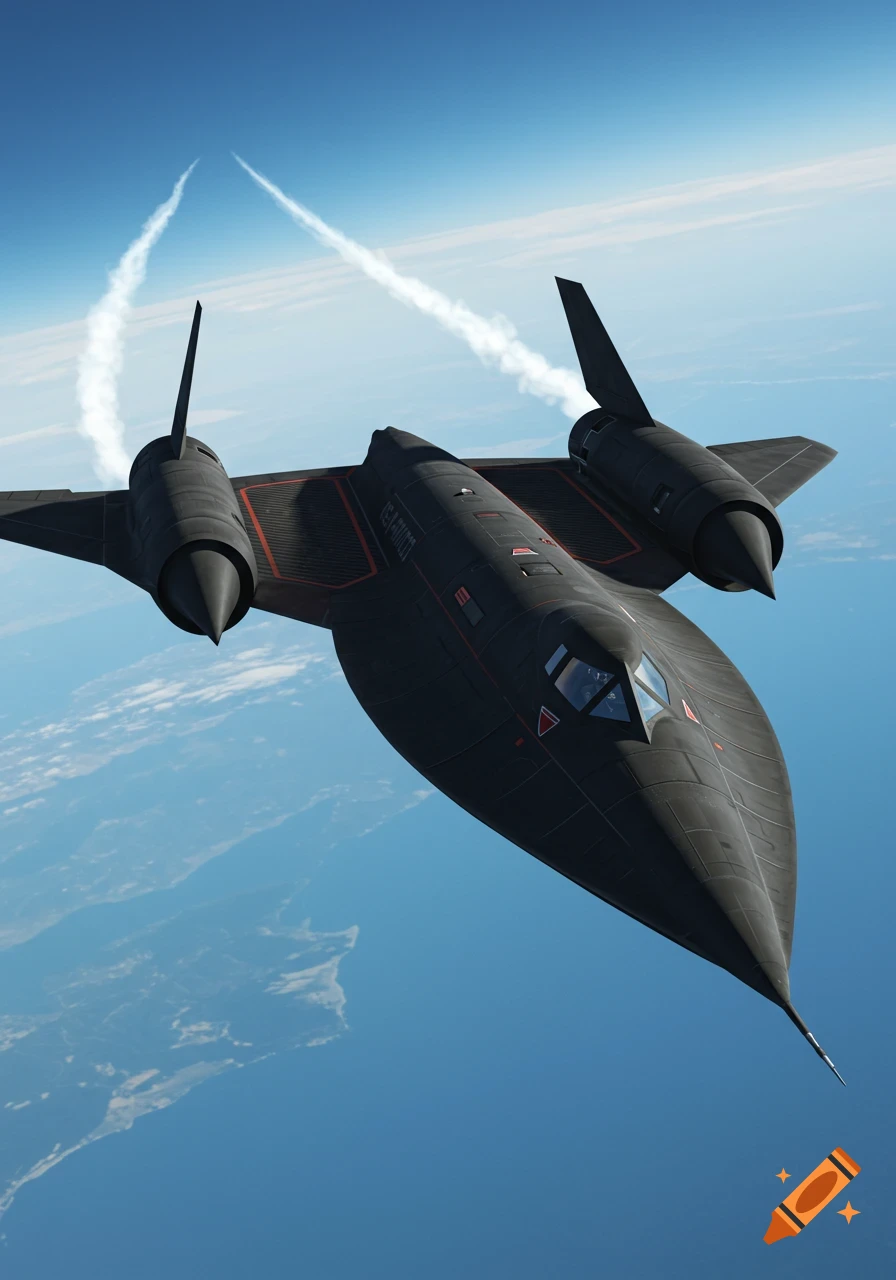 A sleek black SR-71 Blackbird spy plane flying high above the Earth with white contrails streaming behind its engines against a blue sky.