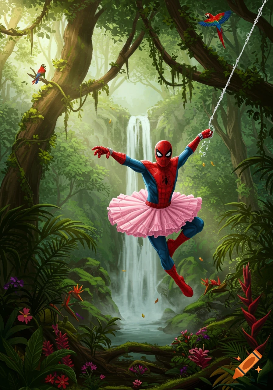 Spiderman in a pink tutu swings on a web line through a lush jungle with a waterfall and colorful parrots.
