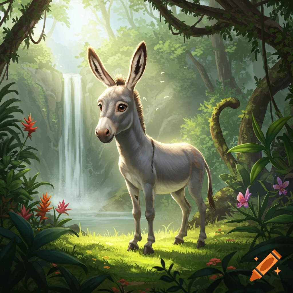 A stylized donkey with large ears stands in a bright, lush jungle clearing with a waterfall in the background.