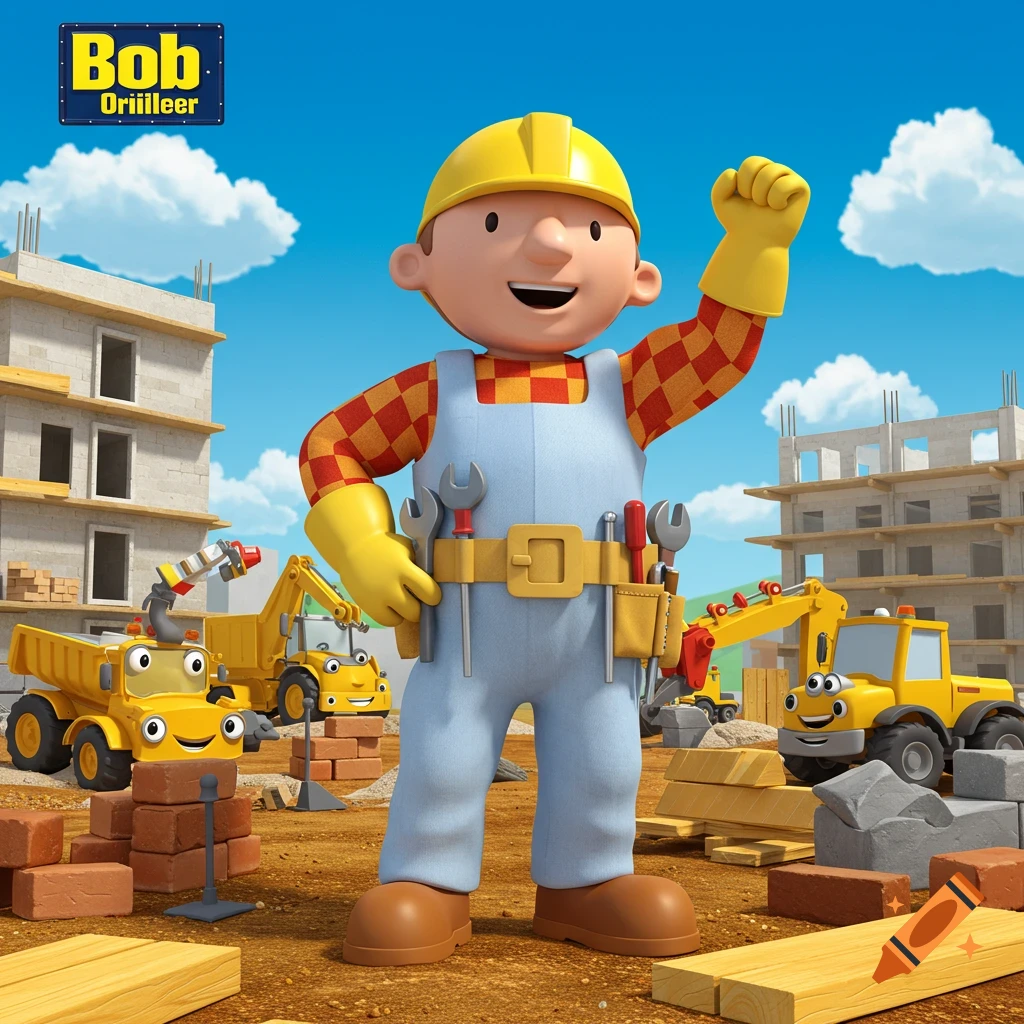 Cartoon Bob the Builder in blue overalls and yellow hard hat stands at a construction site with vehicles and unfinished buildings.