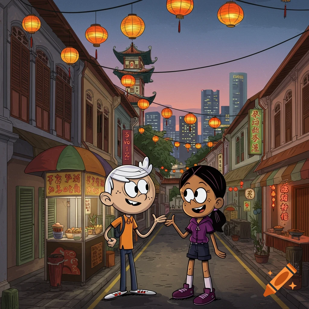 Lincoln and Ronnie Anne on a street adorned with lanterns in an Asian city at dusk, cartoon style.