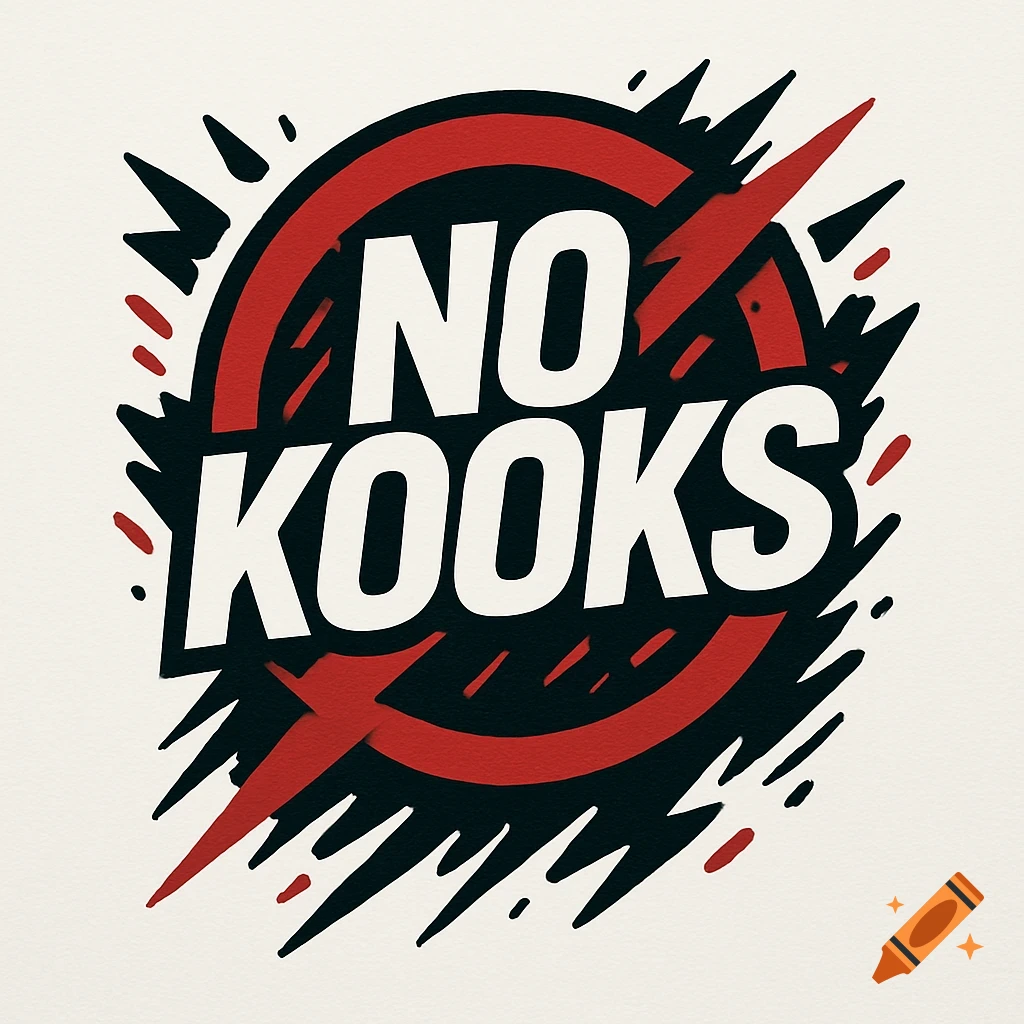 A stylized logo featuring "NO KOOKS" in white bold text within a black and red circle with abstract jagged edges and lightning bolt motifs.