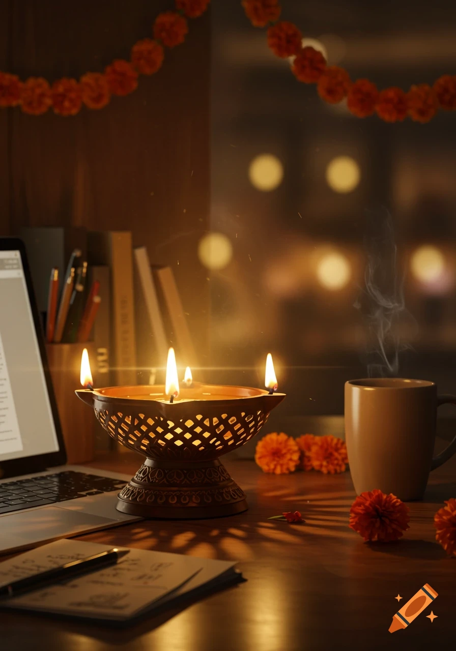 A lit oil lamp on a wooden desk with a laptop, coffee mug, and marigold flowers. Warm festive lighting.