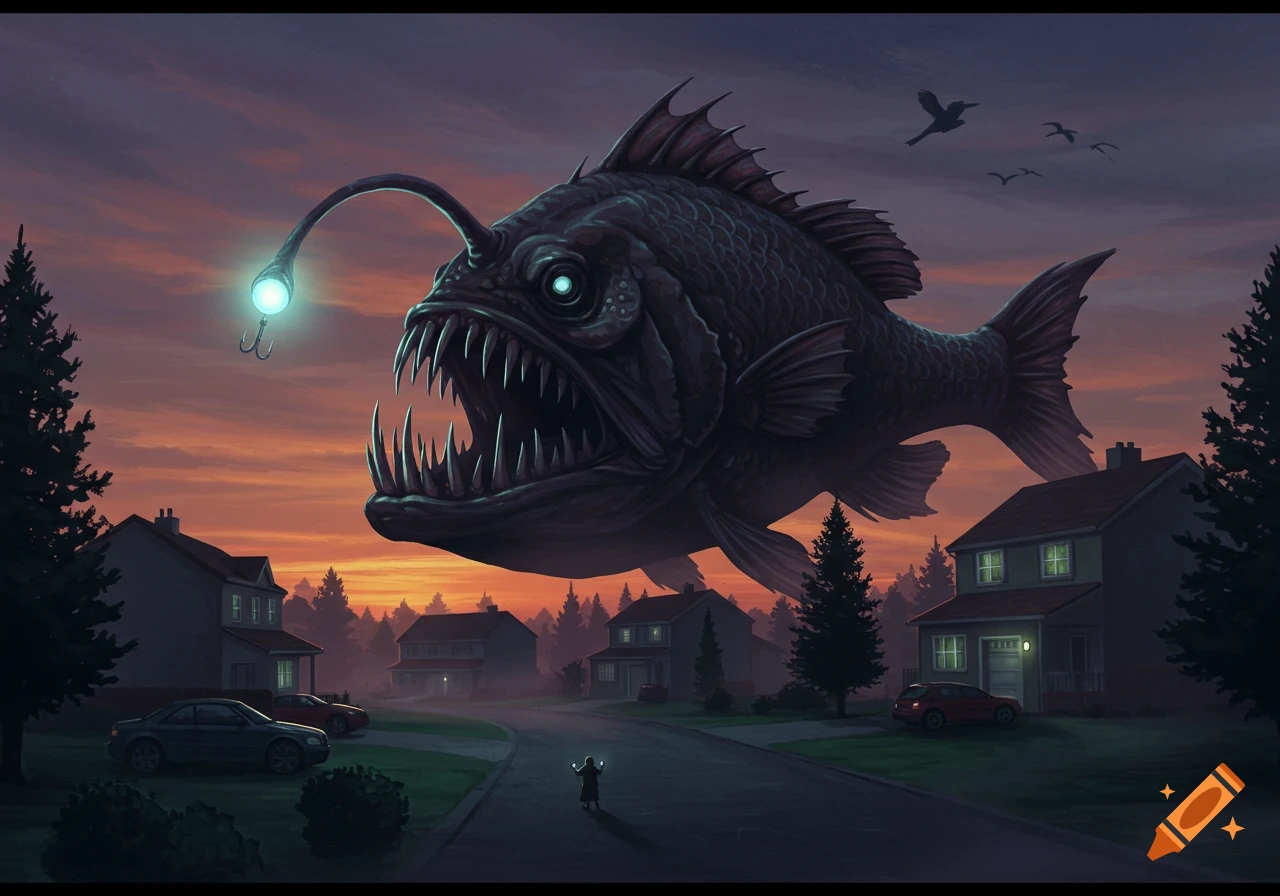 A giant angler fish with a glowing lure flies over a suburban neighborhood at sundown, with a small person looking up.